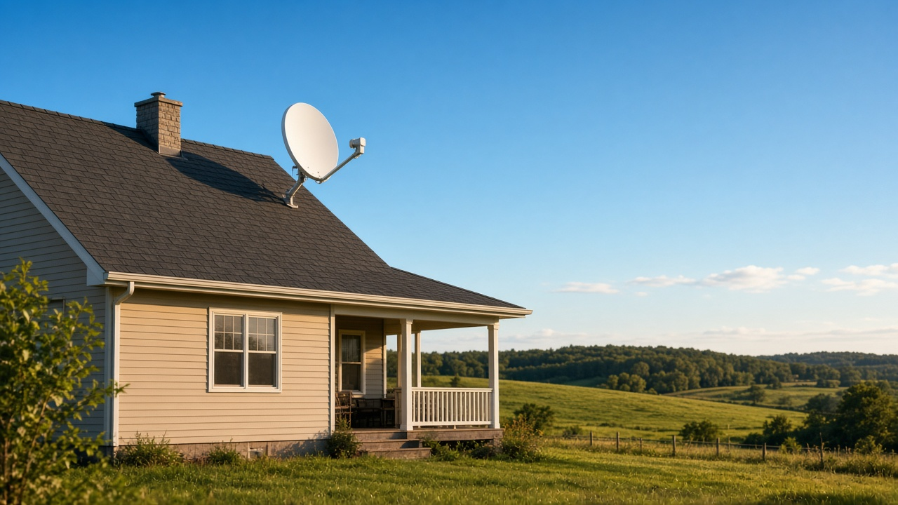 Satellite dish on a rural roof beneath a clear blue sky