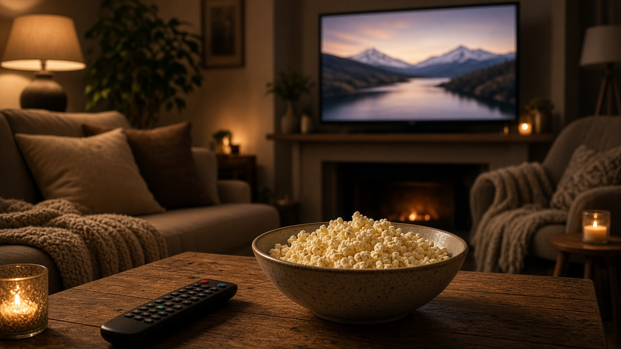 Living room TV glow with soft abstract content shapes, no logos