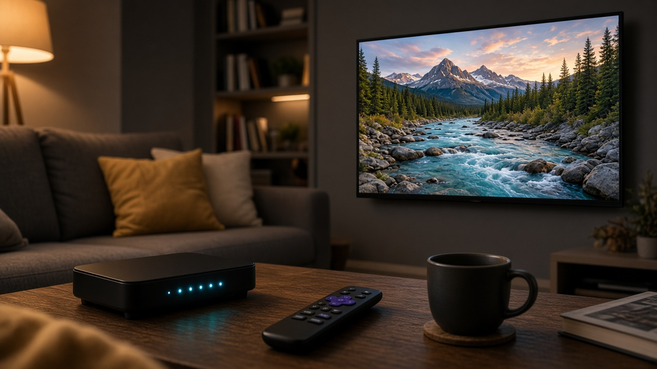 Living room television streaming a scenic 4K program through a home router
