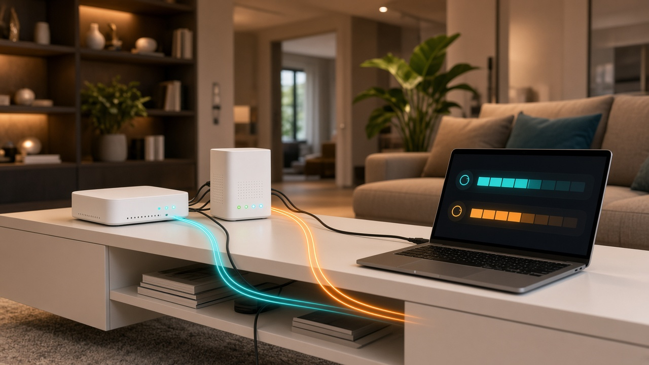 Two home internet connections feeding a laptop for backup and load sharing