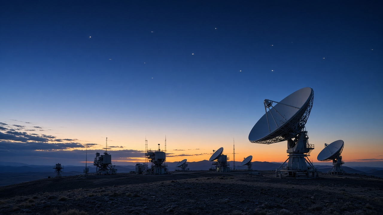 Satellite dish array on a rocky plateau under a twilight sky with orange horizon glow