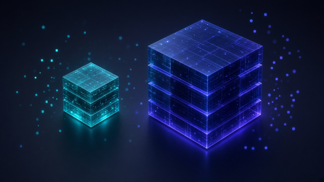 Small teal data cube beside a larger indigo data cube on a dark background