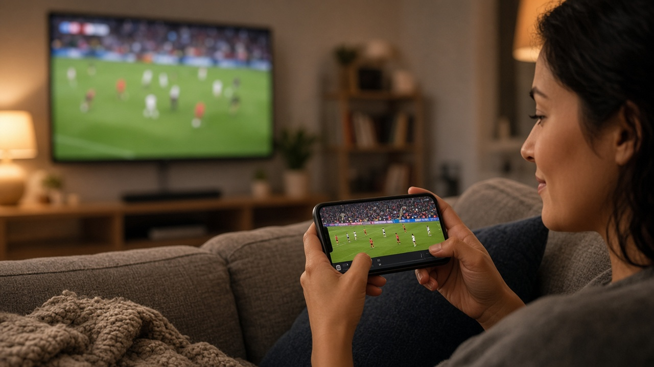 Person streaming a sports match on a smartphone with a television in the background
