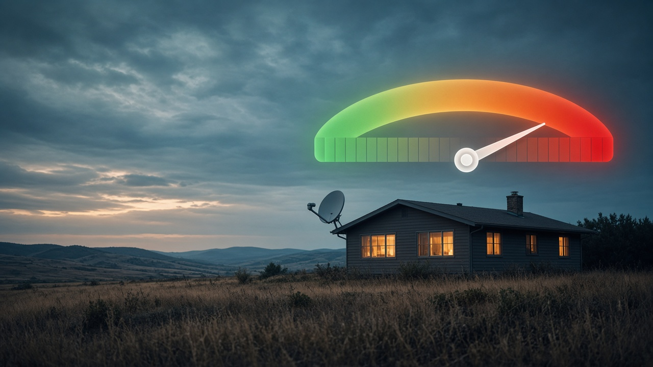 Speed gauge above a rural home using satellite internet