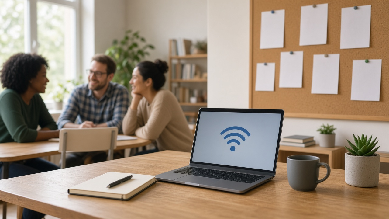 Community members discussing free internet access beside a connected laptop
