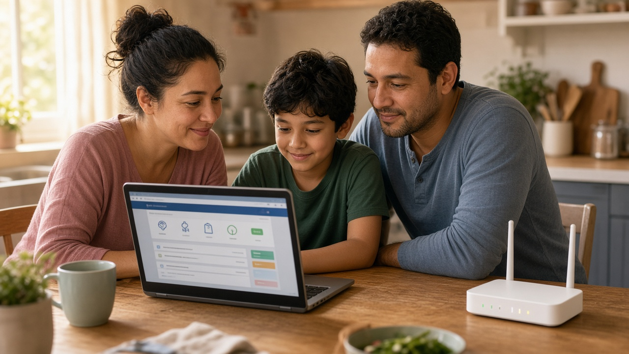 Family reviewing affordable internet options on a laptop beside a Wi-Fi router