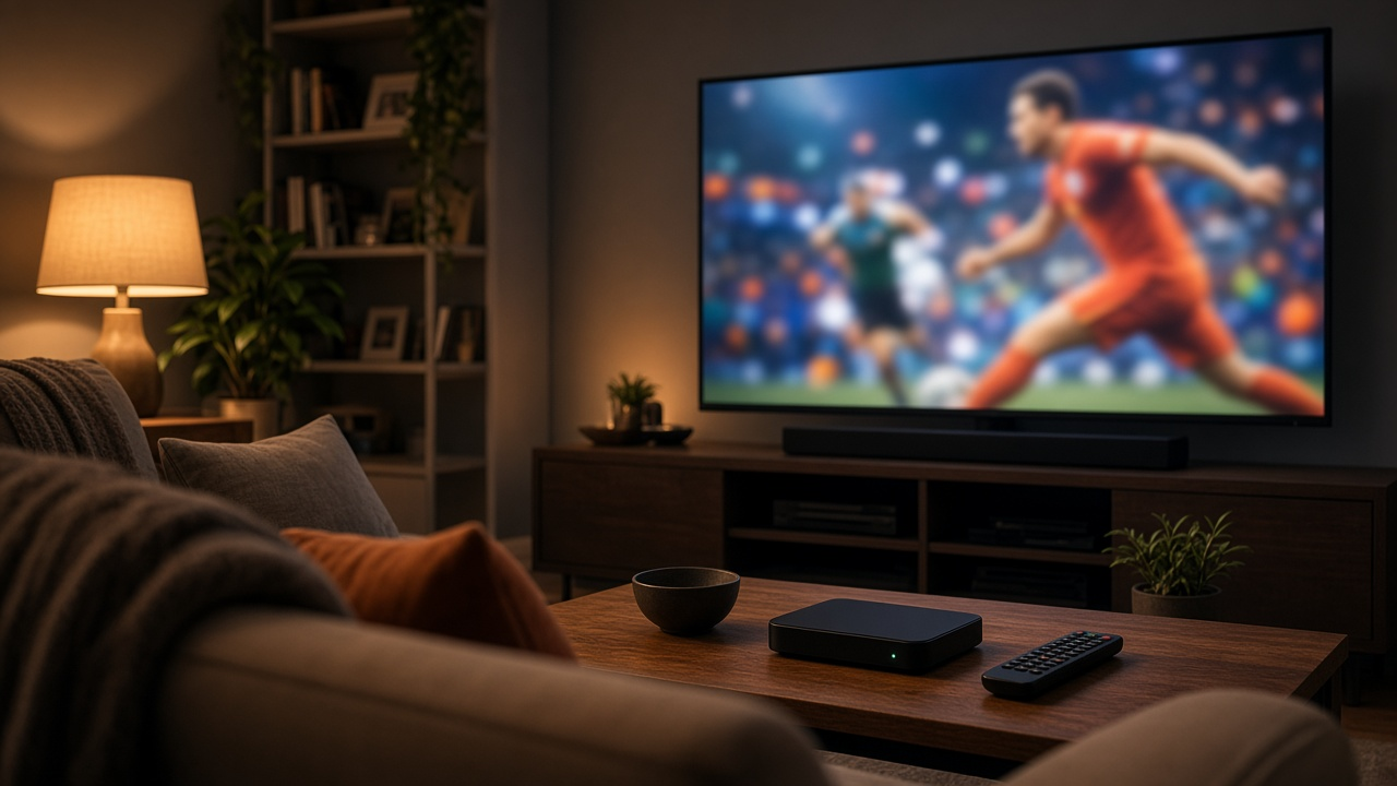 Evening living room with TV showing sports action, streaming box and remote on the coffee table under warm lamp light