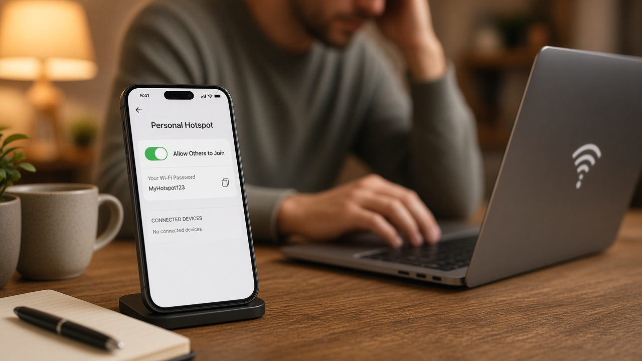 iPhone hotspot settings beside a laptop with a Wi-Fi warning