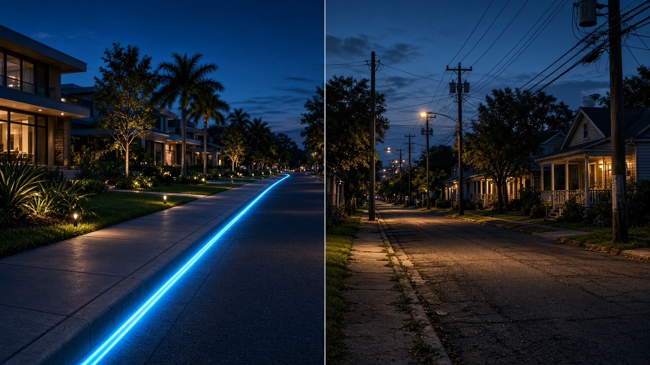 Conceptual street scene contrasting a fiber drop with a cable plant