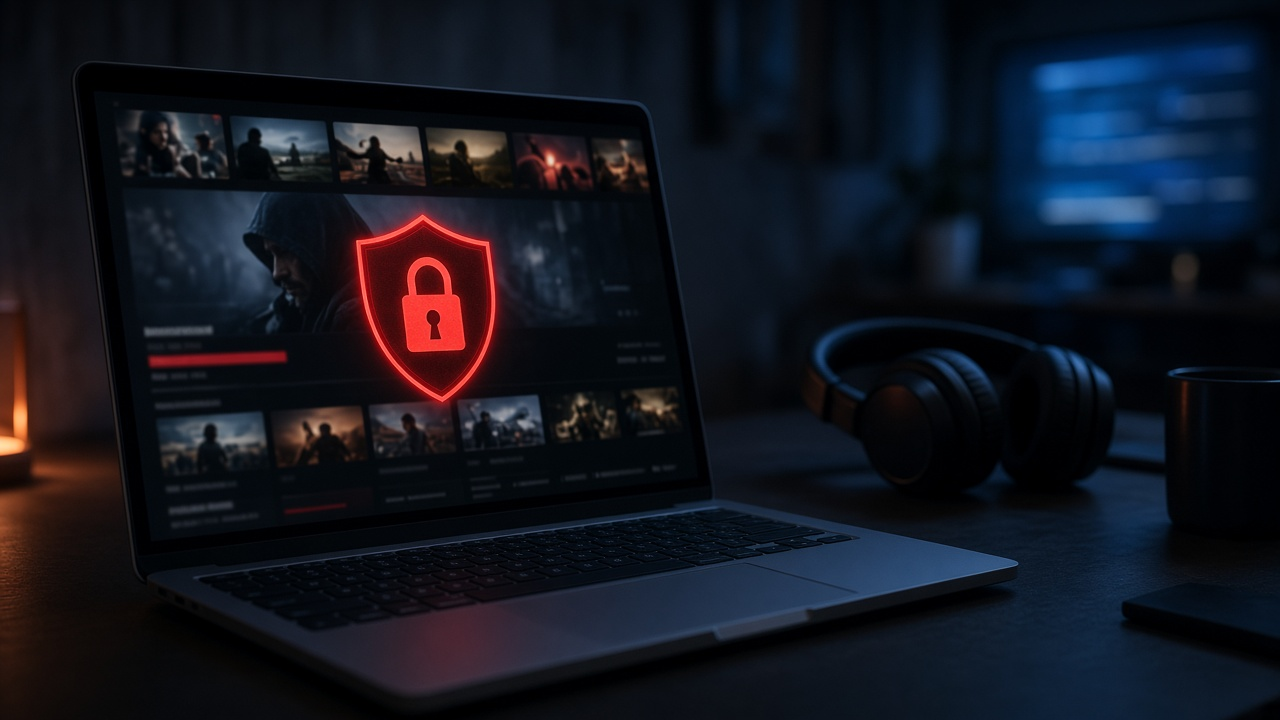 Streaming website protected by a security shield on a laptop