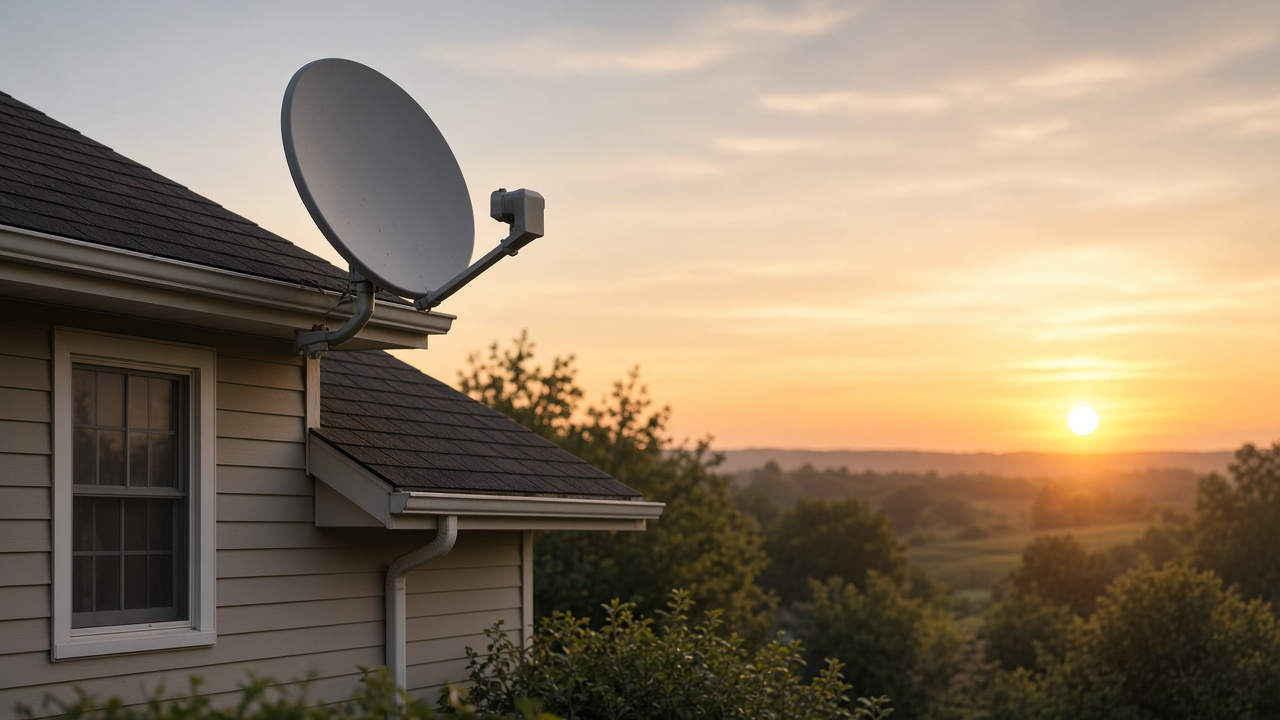 Satellite dish under twilight sky with orbital trail, watermark-free editorial