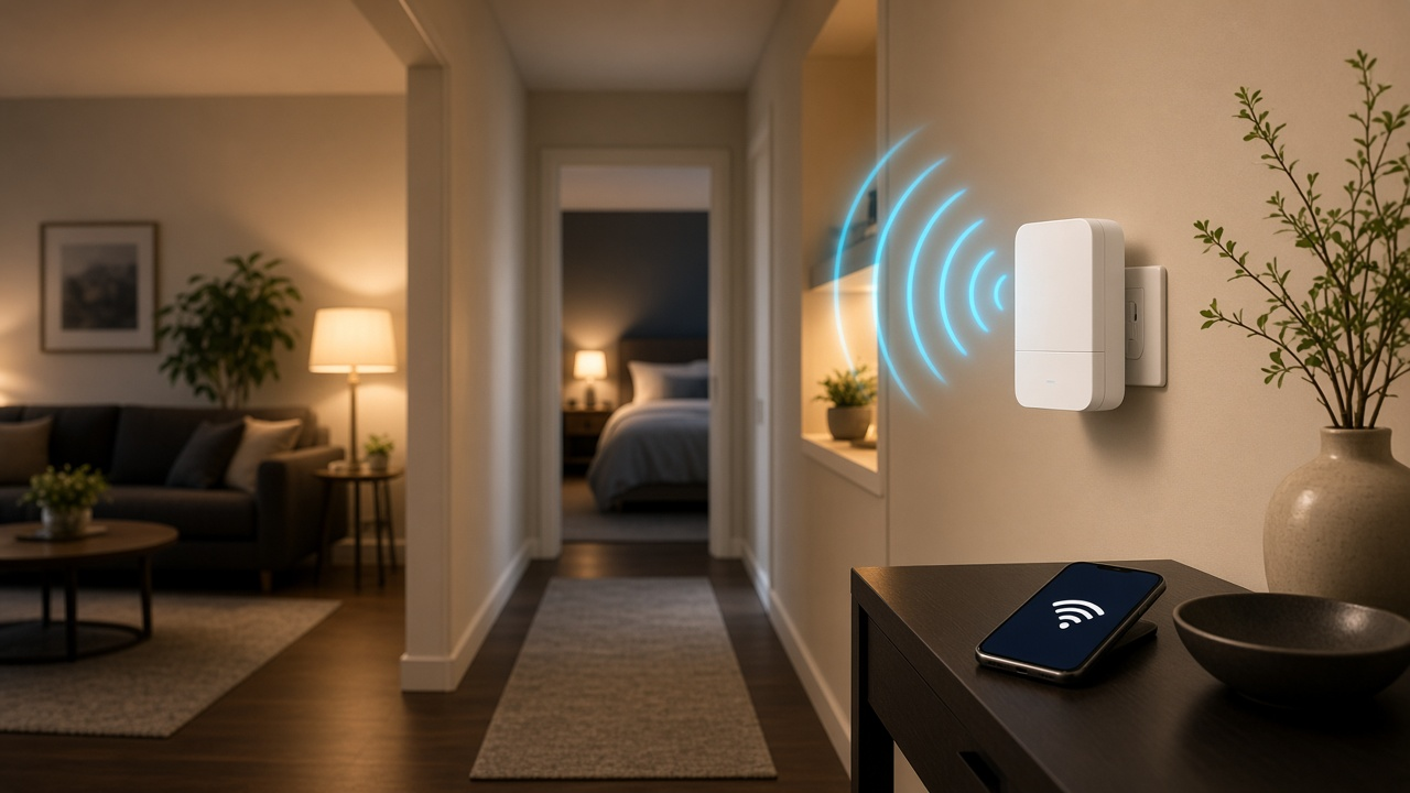 White wall-plug Wi-Fi extender in a hallway with soft cyan signal arcs and a phone showing full Wi-Fi bars on a console table
