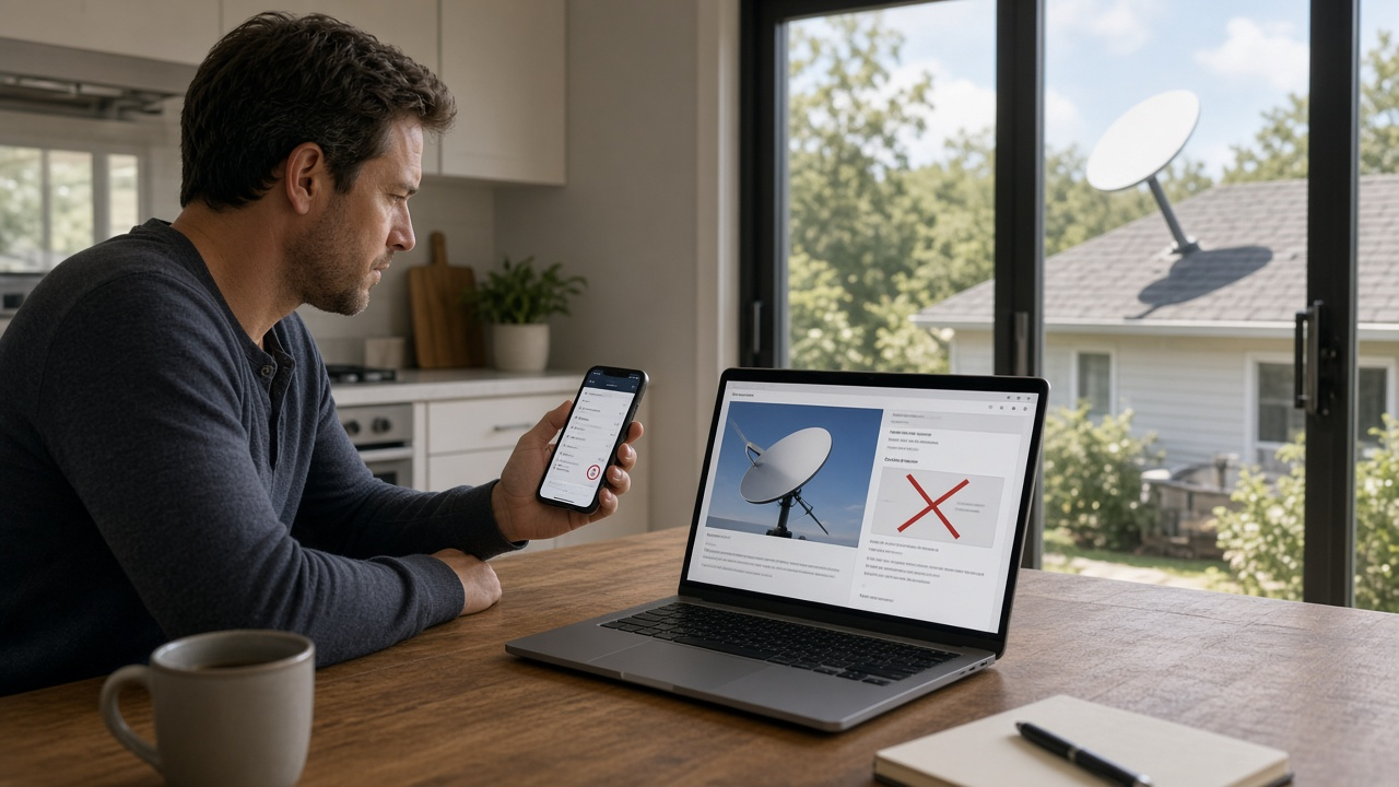 Customer reviewing a Starlink plan change on a laptop beside a satellite dish