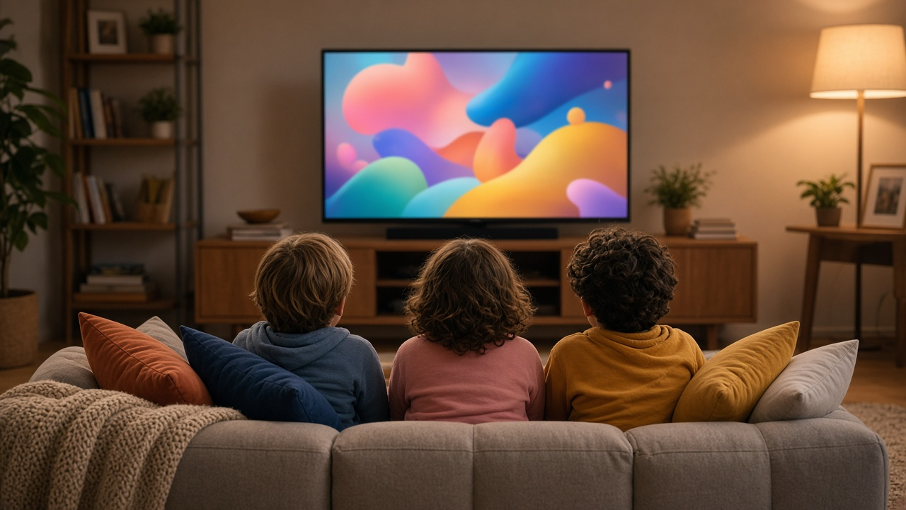 Abstract TV channel guide grid on a soft living-room editorial card
