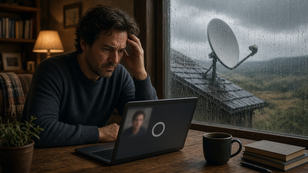 Satellite internet dish outside a rural home under a wide sky