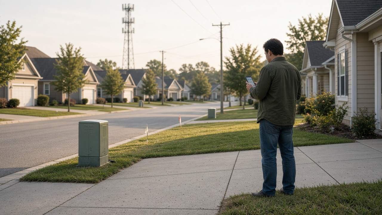 Resident checking neighborhood internet options near utility lines