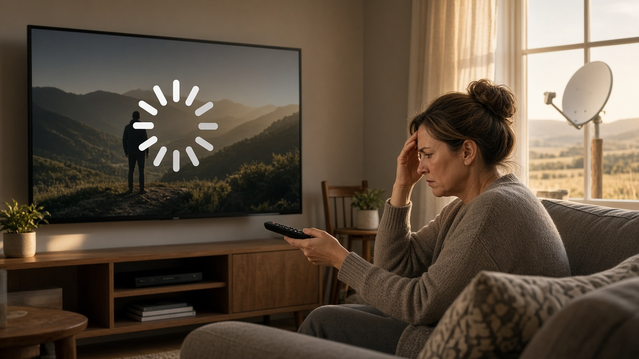 Viewer troubleshooting a buffering television beside a satellite dish