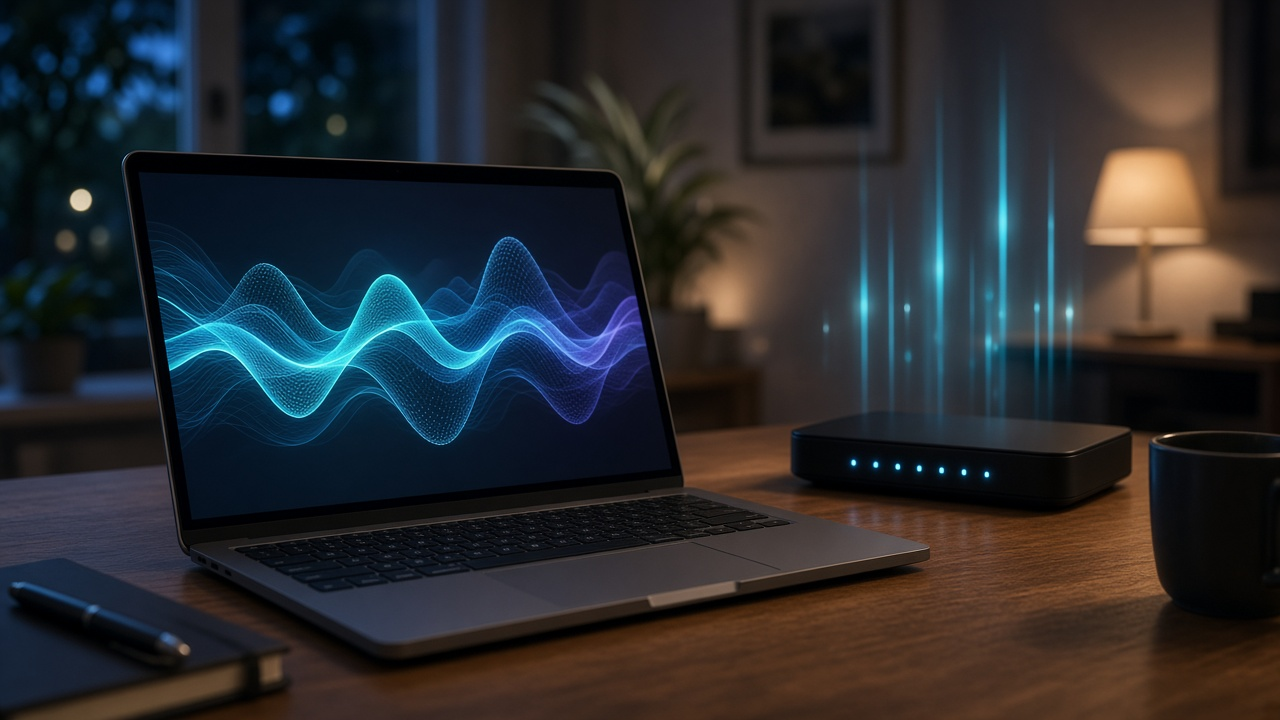 Laptop showing changing internet speed readings beside a Wi-Fi router