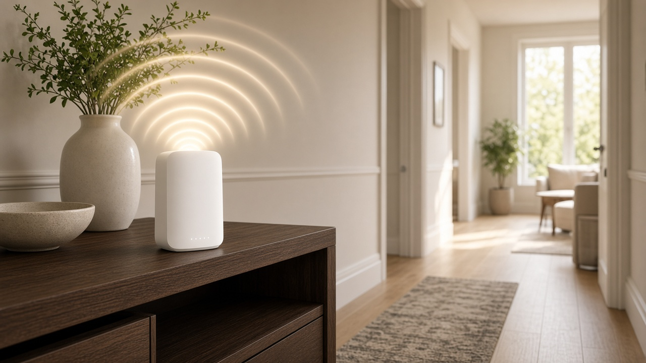 White Wi-Fi extender on a hallway console with soft golden signal arcs filling a bright home