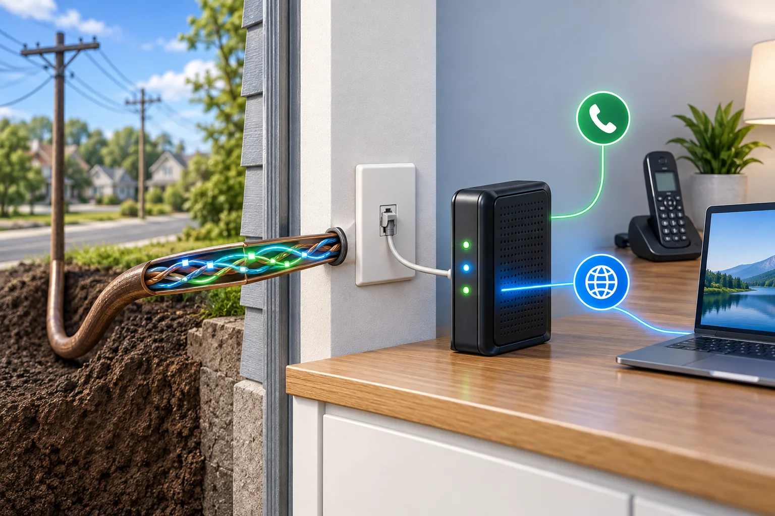Copper telephone wiring carrying DSL internet into a home modem