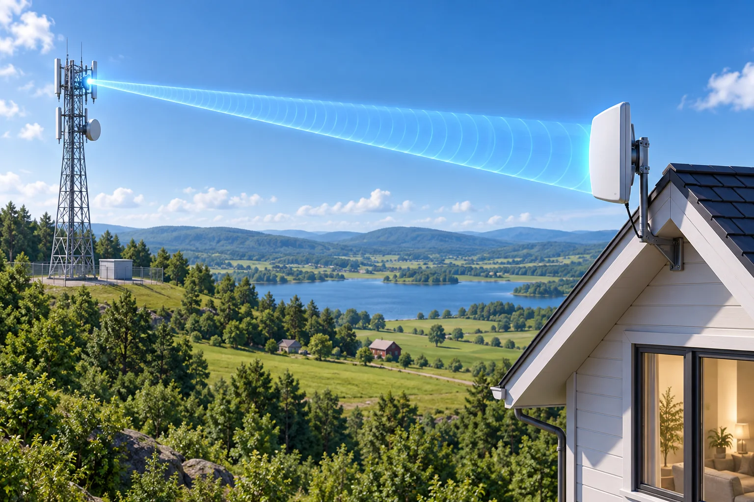 A fixed wireless tower sending a signal to a rooftop receiver